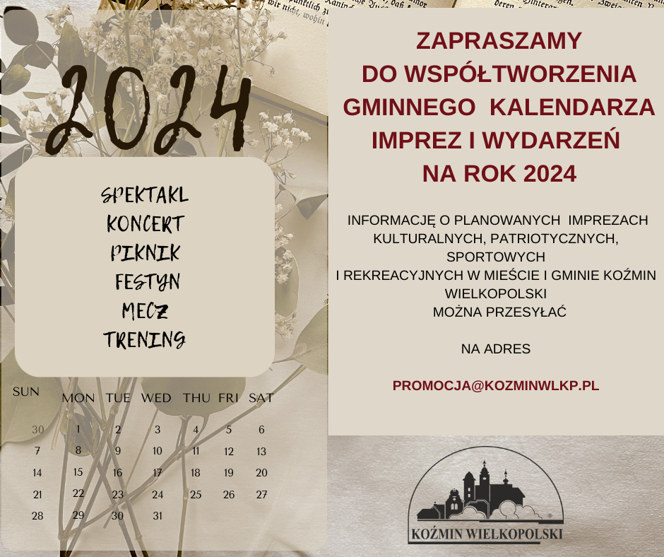 Na szarym tle informacja o kalendarzu imprez