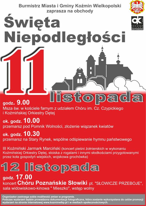 Na biało czerownym tle szary napis 