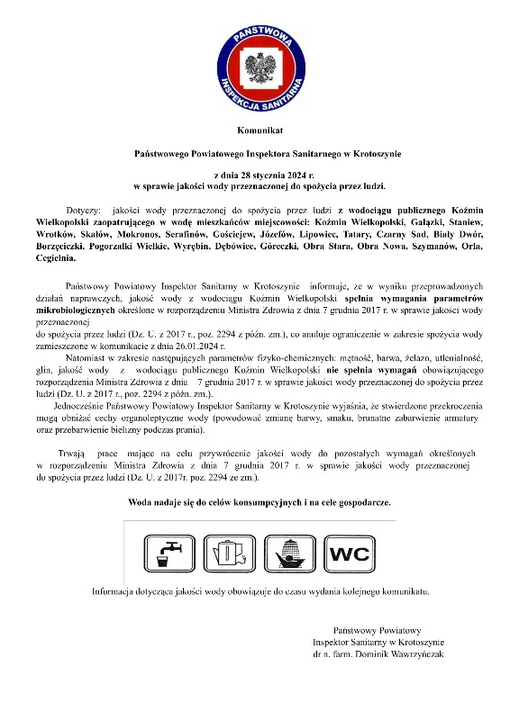 Komunikat dot wodociagu Kozmin Wielkopolski 28.01.2024r. 1