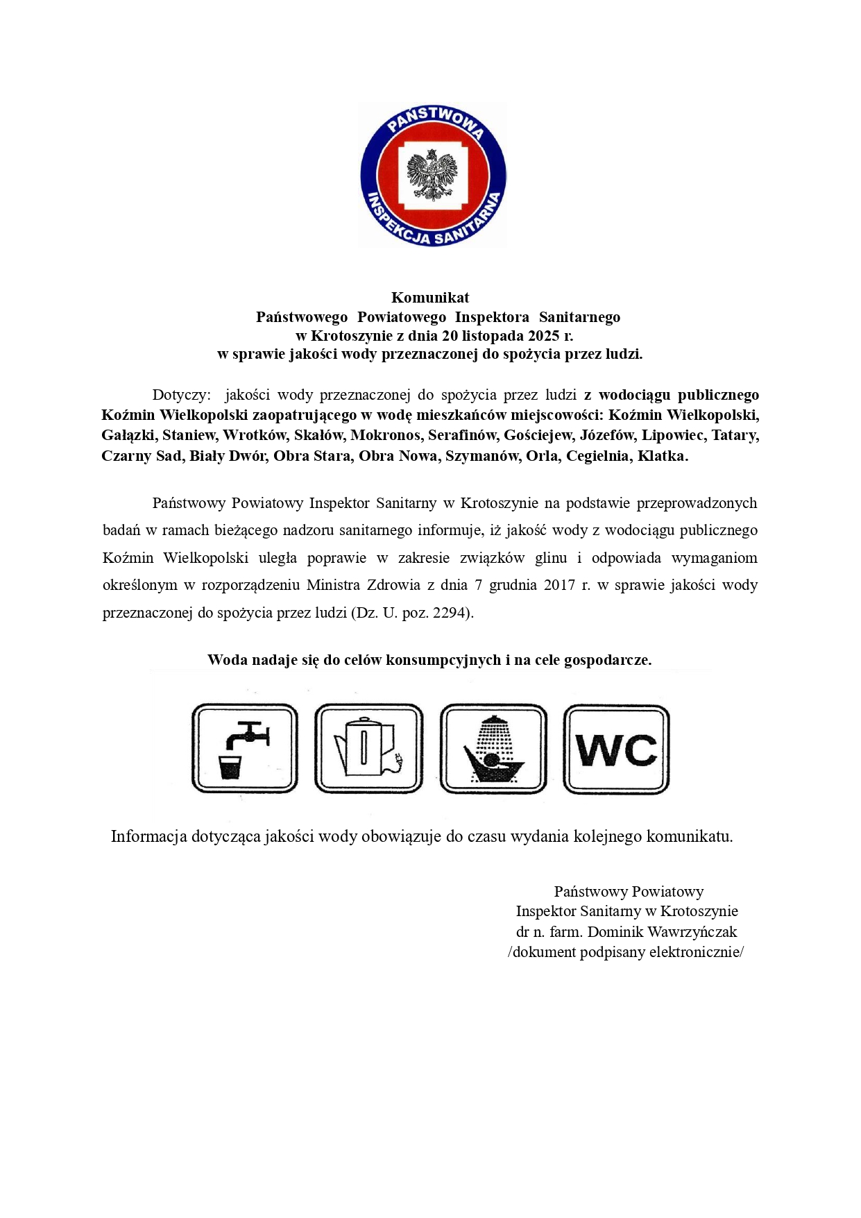 Komunikat dot wodociagu Kozmin Wielkopolski 20.11.2025