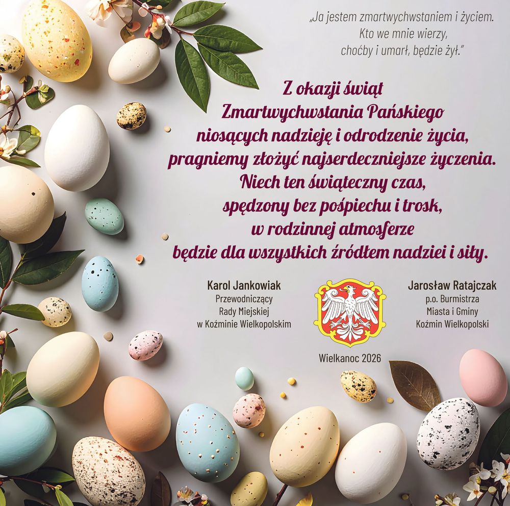 Na szarym tle pisanki i tekst życzeń